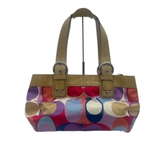 Y2K Coach Satchel Purse Logo Op Art Print Patent Leather Trim Designer Handbag - Picture 1 of 5